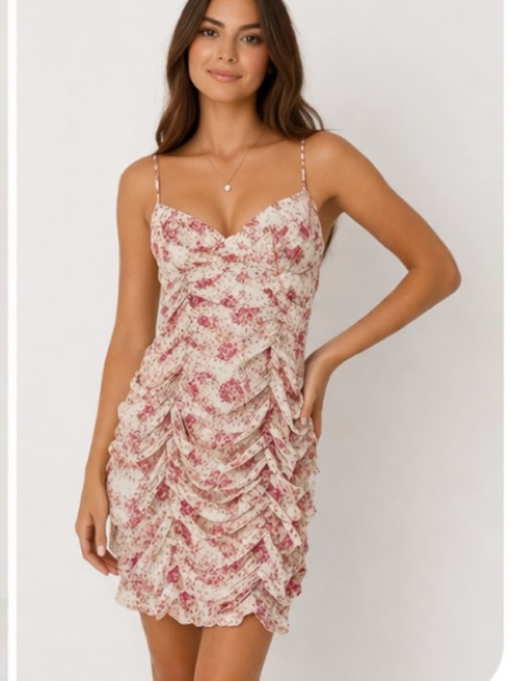Y2K Haute Monde Cream and Pink Floral Ruched Mini Dress